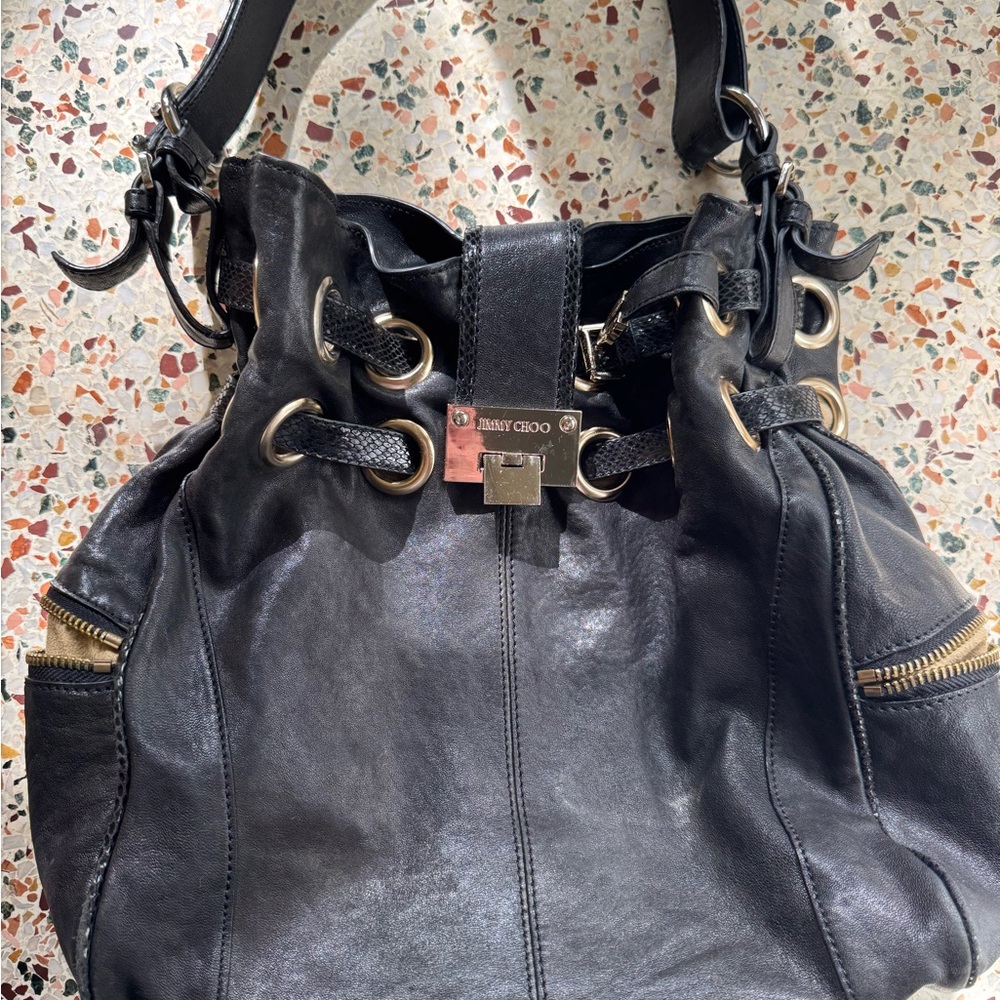 Jimmy Choo Black Leather Shoulder Bag with Gold Hardware